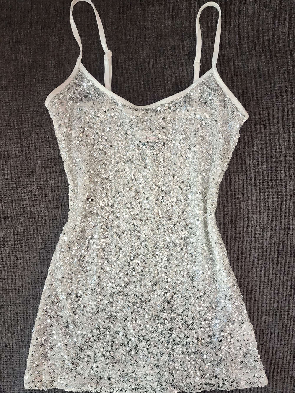 Anchor Blue Vintage Y2K Sequined Mcbling Sheer Cami Tank, White Silver Womens S